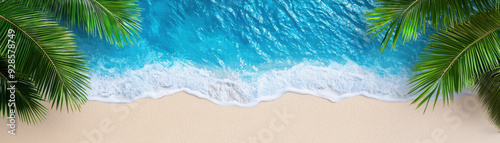 Aerial view of a serene tropical beach with turquoise waves, sandy shores, and lush palm fronds framing the scene, perfect for vacation themes.