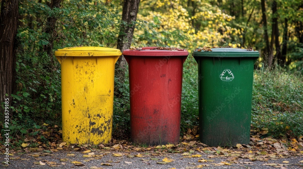Three Recycling Bins in a Forest Setting Three Recycling Bins in a Forest Setting