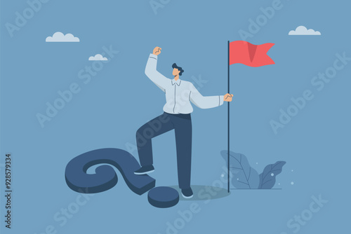 Overcome problems or stress, Conquering pressure by solving important difficult questions, Concepts for dealing with critical business issues, Businessman standing on a big question mark. Vector.