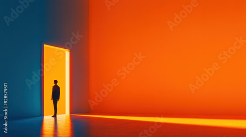 Individual standing at the threshold of a brightly lit doorway in a contrastingly colored room, evoking a sense of possibilities and contemplation