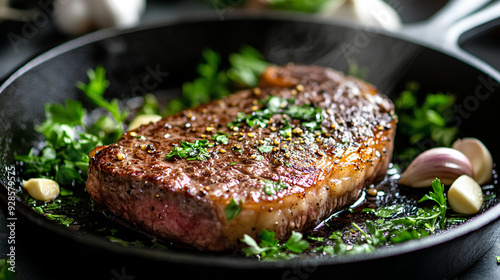 Sizzling steak in a cast-iron pan, garnished with herbs and garlic,