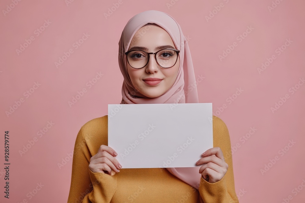 Middle-Aged Woman in Hijab Holding Blank Sign Mockup for Design Purposes. Middle-Aged Woman in Hijab Holding Blank Sign Mockup for Design Purposes.