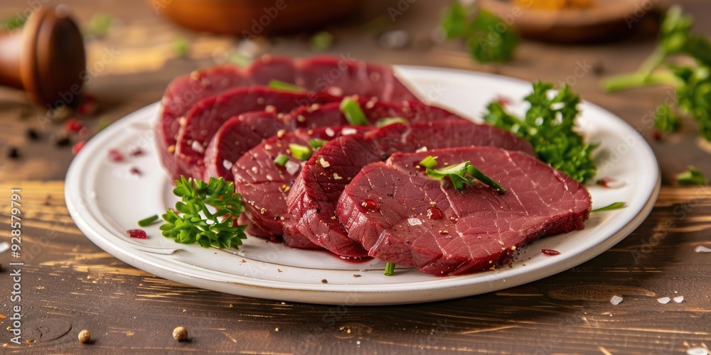 Slices of boiled beef tongue with mustard on a white plate Slices of boiled beef tongue with mustard on a white plate