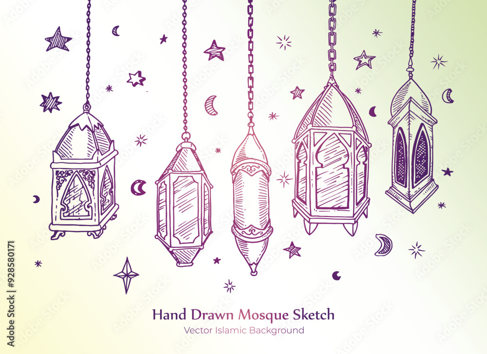 Beautiful hand draw sketch mosque card Free Vector Beautiful hand draw sketch mosque card Free Vector