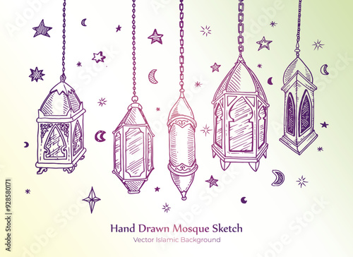 Beautiful hand draw sketch mosque card Free Vector