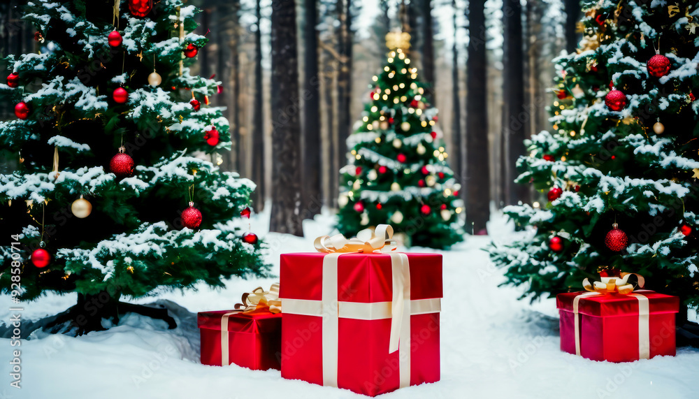 Illuminated christmas trees with red and golden garlands into a forest with snowy flakes with shape of stars close to xmas gifts in red boxes Illuminated christmas trees with red and golden garlands into a forest with snowy flakes with shape of stars close to xmas gifts in red boxes