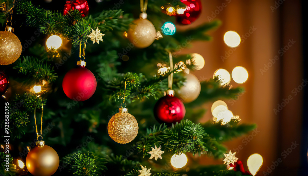 Illuminated christmas trees with red and golden garlands into a forest with snowy flakes with shape of stars close to xmas gifts in red boxes Illuminated christmas trees with red and golden garlands into a forest with snowy flakes with shape of stars close to xmas gifts in red boxes