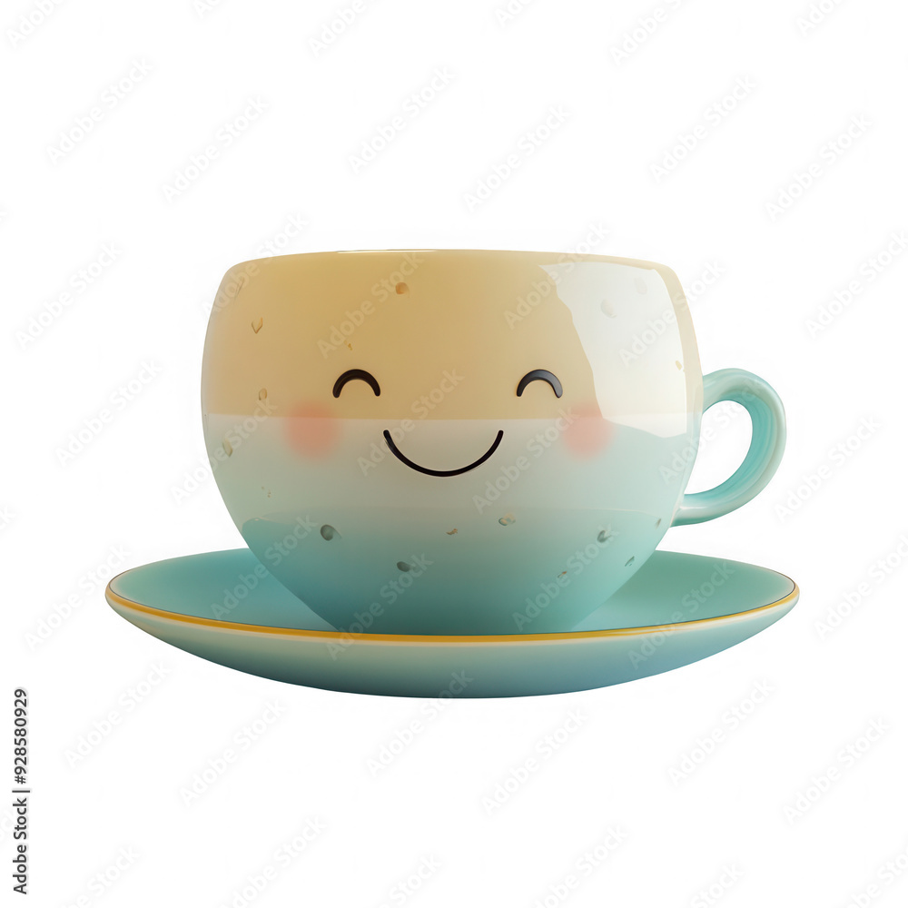 A smiling cup with a smiling face on it sits on a blue and yellow saucer A smiling cup with a smiling face on it sits on a blue and yellow saucer