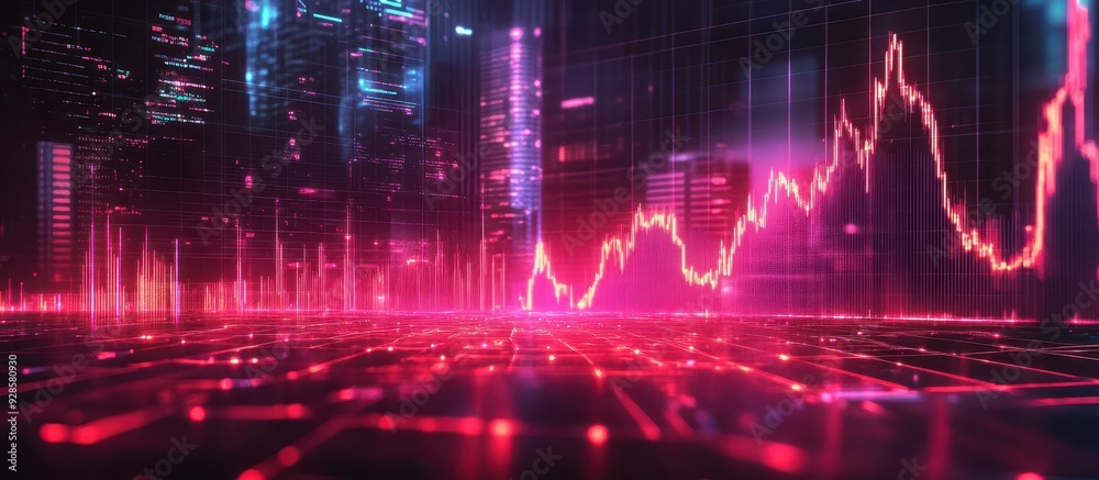 Futuristic Financial Data Visualization with Neon Lights and Cityscape Background Futuristic Financial Data Visualization with Neon Lights and Cityscape Background