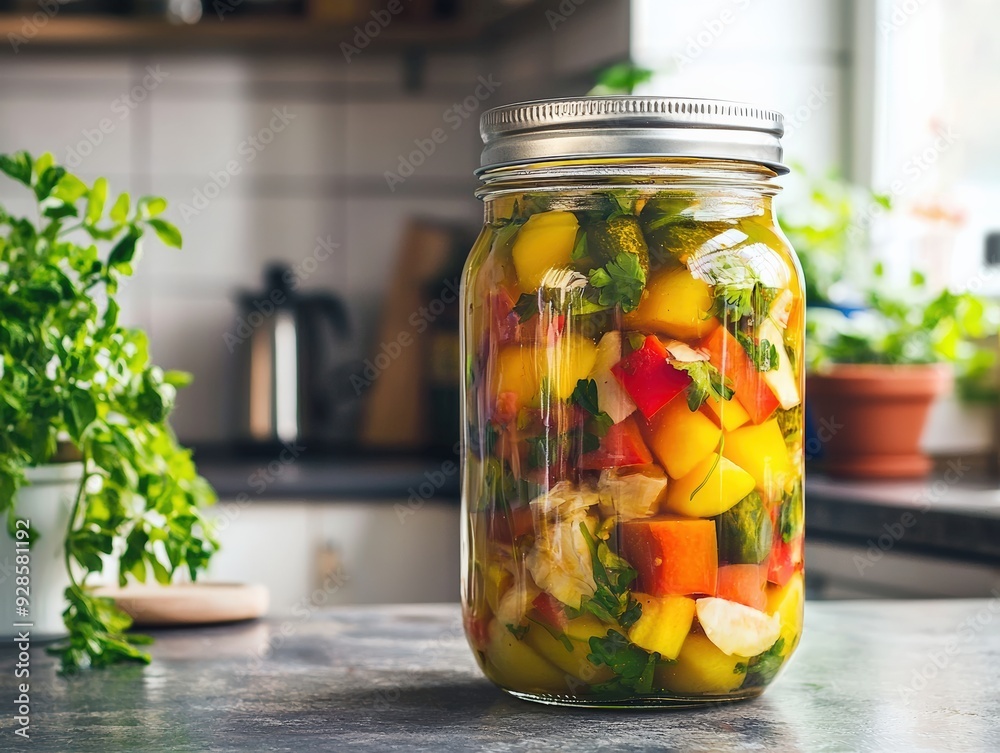 Jar of Colorful Pickled Vegetables on a Rustic Kitchen Countertop with Greenery in the Foreground Jar of Colorful Pickled Vegetables on a Rustic Kitchen Countertop with Greenery in the Foreground