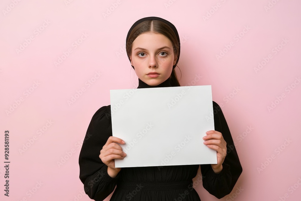 Young Amish Woman Holding Blank White Sign Against Pink Background for Message or Branding Mockup.