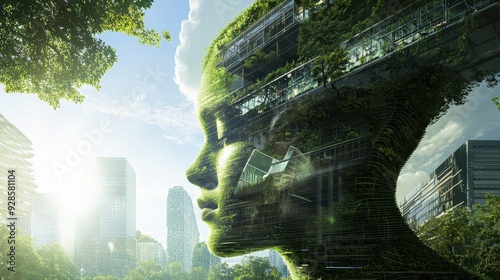 A serene and contemplative expression is depicted in green themed urban landscape. image blends nature and architecture, symbolizing harmony between humanity and environment.  photo