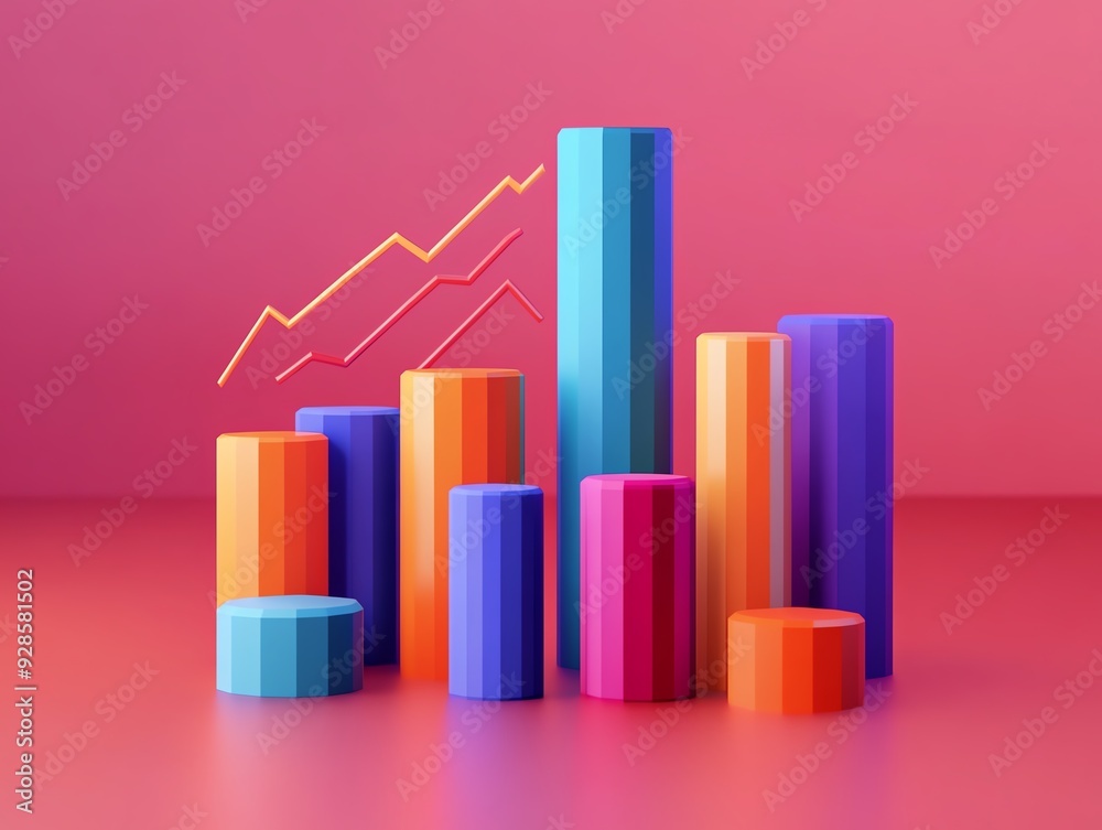 A vibrant 3D bar chart representing growth, showcasing colorful bars against a bold pink background for impact. A vibrant 3D bar chart representing growth, showcasing colorful bars against a bold pink background for impact.