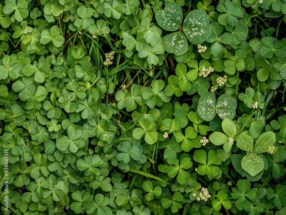 Lush Green Clover Patch with Delicate White Flowers and Variegated Leaves Lush Green Clover Patch with Delicate White Flowers and Variegated Leaves