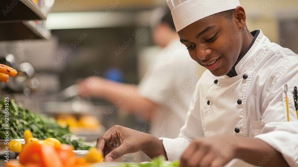A young chef is focused and smiling while preparing fresh vegetables in busy kitchen. His enthusiasm and dedication to cooking are evident. A young chef is focused and smiling while preparing fresh vegetables in busy kitchen. His enthusiasm and dedication to cooking are evident.