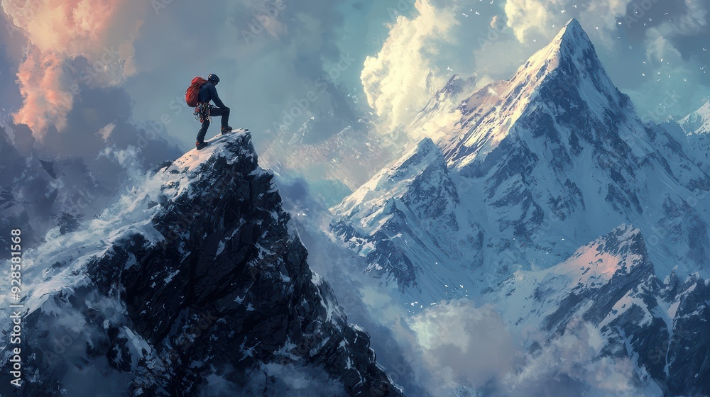 A climber stands triumphantly on mountain peak, gazing at breathtaking snowy landscape, evoking sense of achievement and adventure. A climber stands triumphantly on mountain peak, gazing at breathtaking snowy landscape, evoking sense of achievement and adventure.