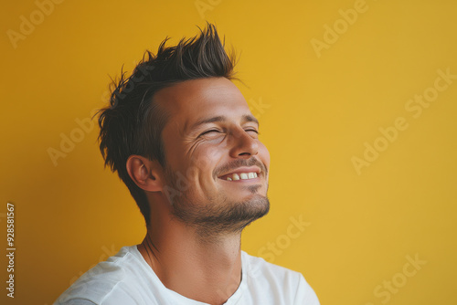 A close up of a man's face with his eyes closed