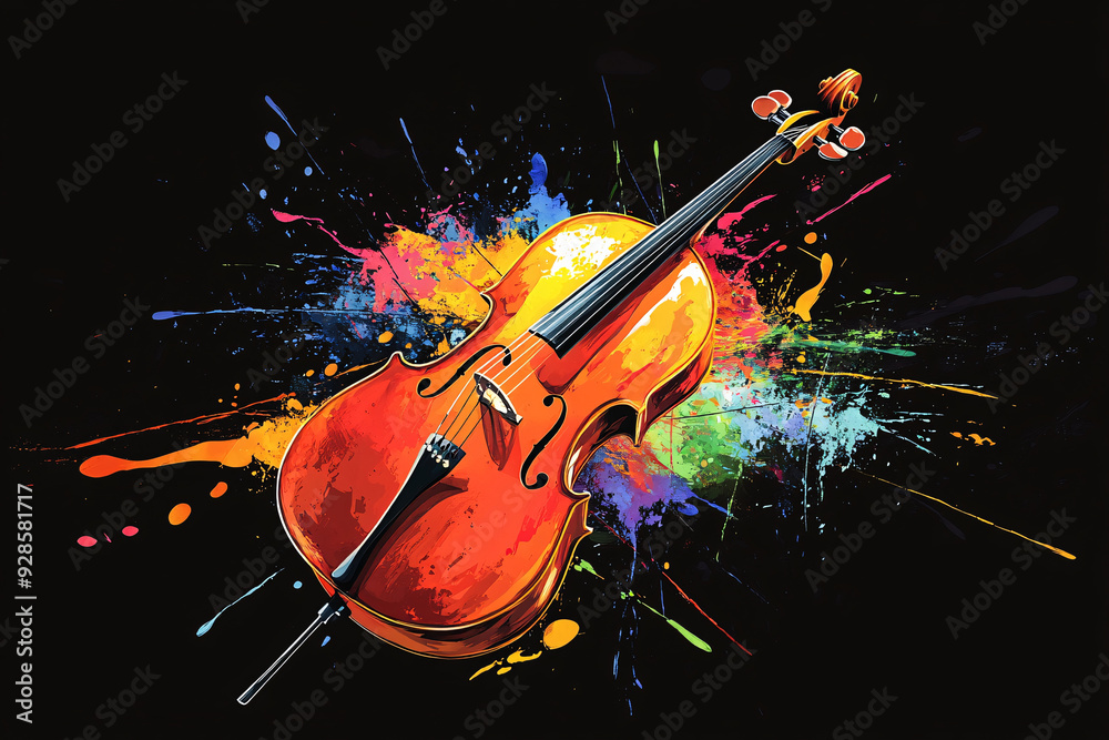 Fototapeta premium A cello with vibrant paint splashes in the background creating a dynamic and artistic composition against a black background