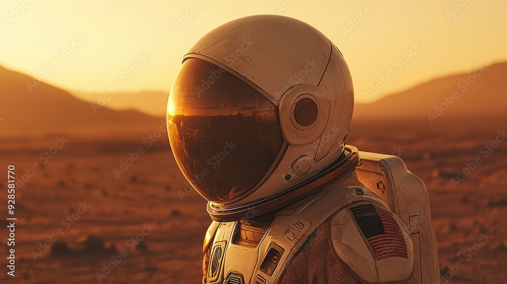 A solitary astronaut stands on barren landscape, gazing into distance with sense of wonder and exploration. warm hues of sunset create serene atmosphere. A solitary astronaut stands on barren landscape, gazing into distance with sense of wonder and exploration. warm hues of sunset create serene atmosphere.