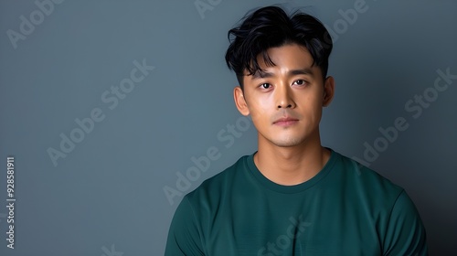 A handsome Korean man wearing an olive green t-shirt, with short black hair that was slightly curly at the ends, posing for a photo shoot on a gray background