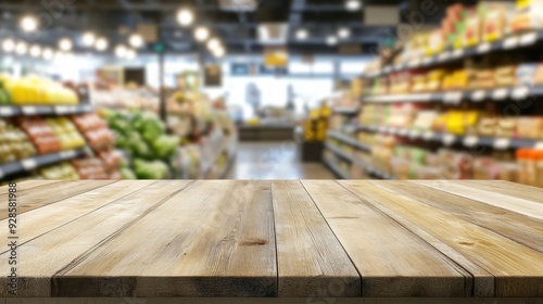 Wooden Tabletop with Blurred Supermarket Background