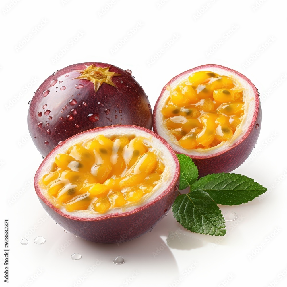 Passion Fruit with Fresh Leaves on White Background Passion Fruit with Fresh Leaves on White Background