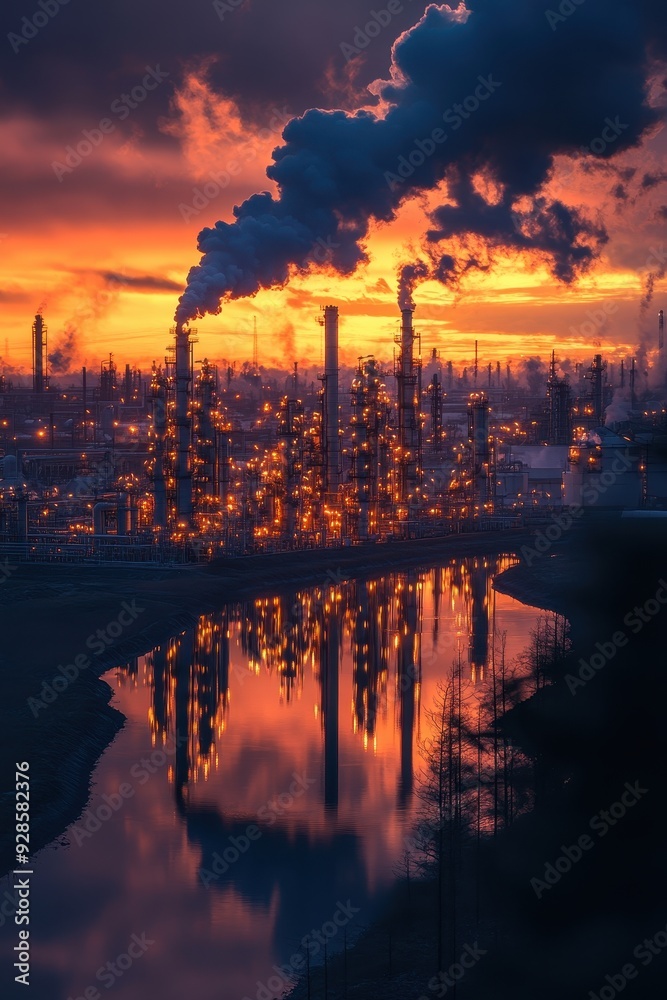 Industrial Refinery at Sunset with Smoke Stacks and Reflections in Water Industrial Refinery at Sunset with Smoke Stacks and Reflections in Water