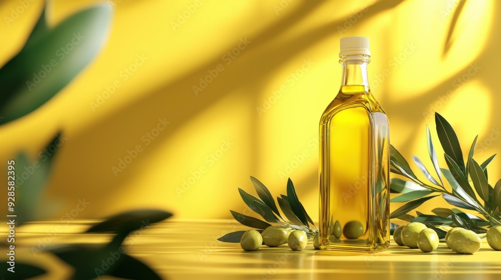 Olive Oil Bottle with Fresh Olives and Leaves on a Yellow Background Olive Oil Bottle with Fresh Olives and Leaves on a Yellow Background