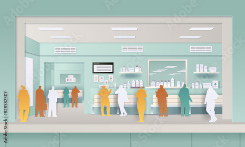 Pharmacy interior with silhouette figures paper cut style people waiting in line shelves with medicines pastel colors modern design