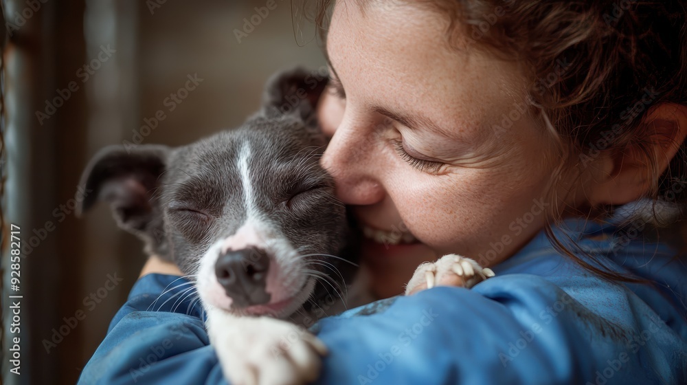 A joyful woman embraces small dog, both expressing happiness and affection. dogs eyes are closed, showcasing sense of comfort and love. A joyful woman embraces small dog, both expressing happiness and affection. dogs eyes are closed, showcasing sense of comfort and love.