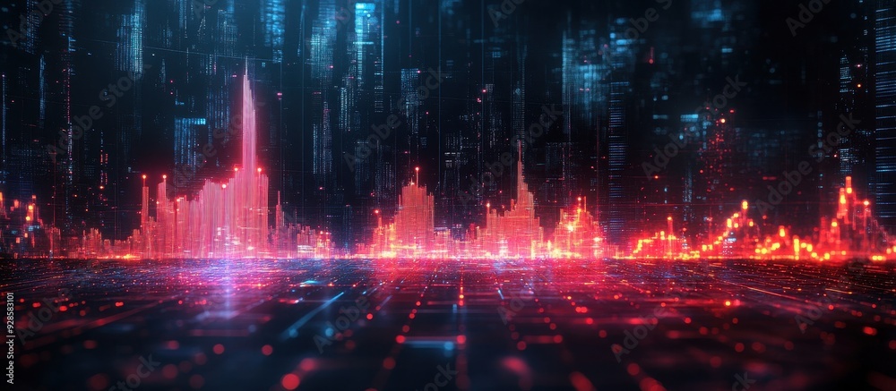 Futuristic Digital Cityscape with Neon Lights and Data Visualization Elements in a Virtual Reality Environment Futuristic Digital Cityscape with Neon Lights and Data Visualization Elements in a Virtual Reality Environment
