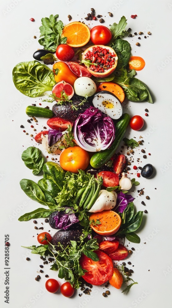 A vibrant arrangement of fresh vegetables and fruits, showcasing rich colors and textures on a clean white background. A vibrant arrangement of fresh vegetables and fruits, showcasing rich colors and textures on a clean white background.