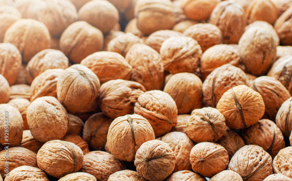 Top view of whole walnuts as background texture Top view of whole walnuts as background texture