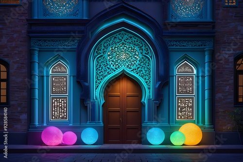 Illustration of the entrance to the mosque with glowing lanterns. Ramadan background photo