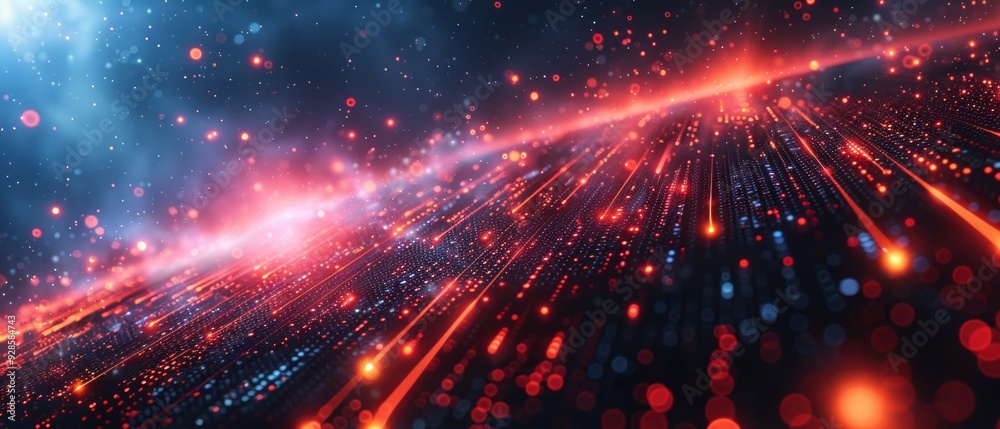 Fototapeta premium background Red and blue light paths on a black background, reminiscent of stars, technological streams. The intense glow creates a dynamic, futuristic, celestial atmosphere.