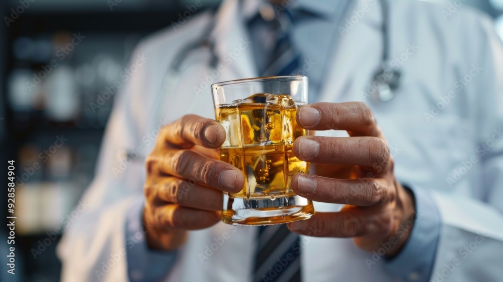 The image shows a doctor in a white lab coat holding a glass of yellow liquid with ice, possibly whiskey or scotch. The image shows a doctor in a white lab coat holding a glass of yellow liquid with ice, possibly whiskey or scotch.