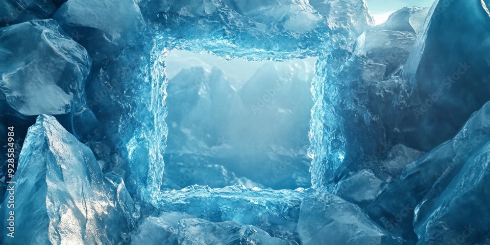 A square, crystal blue ice with detailed textures, sharp edges. A square, crystal blue ice with detailed textures, sharp edges.