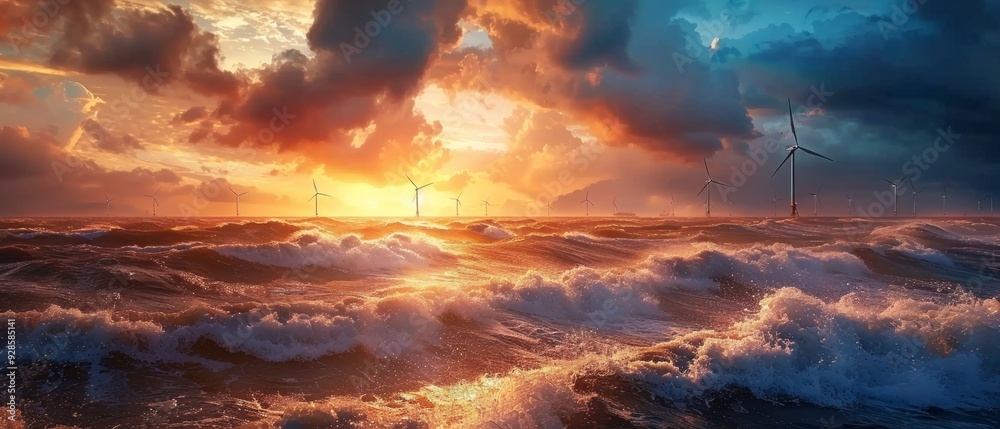 Stormy sunset on the sea with wind turbines symbolising renewable energy against a backdrop of raging waves. The grey-yellow sky hints at an approaching storm. Stormy sunset on the sea with wind turbines symbolising renewable energy against a backdrop of raging waves. The grey-yellow sky hints at an approaching storm.
