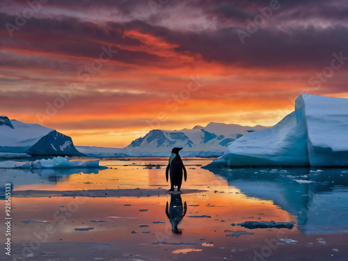 a lone penguin standing on a piece of ice against the backdrop of a dramatic Antarctic sunset
