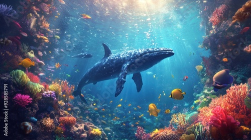 Whale Swimming Through a Vibrant Coral Reef