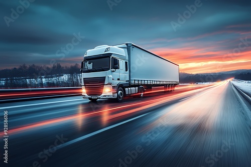 Wallpaper Mural White semi-truck speeding down a highway at sunset with a blurred background and motion lines. Torontodigital.ca