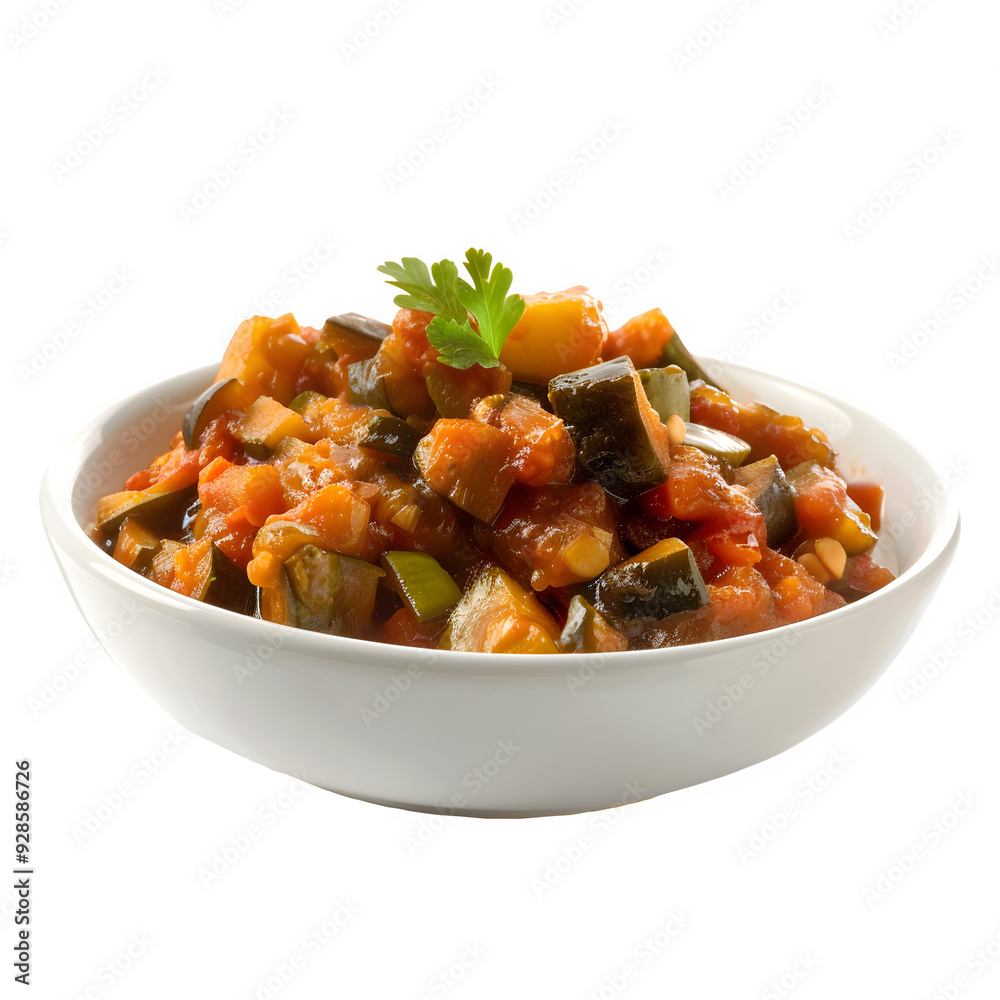 Colorful bowl of african vegetable stew with chopped veggies in a tasty sauce, topped with parsley, set against a clear background Colorful bowl of african vegetable stew with chopped veggies in a tasty sauce, topped with parsley, set against a clear background