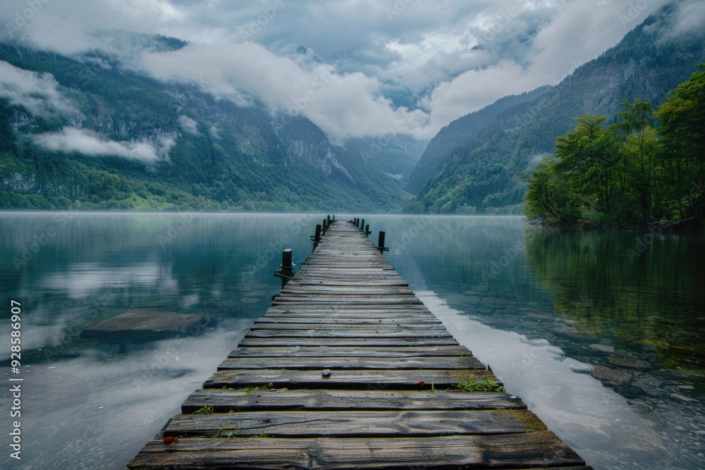 Fototapeta premium A long wooden dock stretches out into the lake with calm waters and surrounding vegetation
