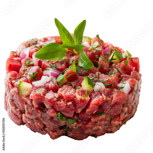 Freshly made beef tartare, seasoned with chopped cucumber, onions and herbs. photo