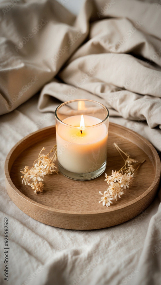 A burning candle against a beige background A burning candle against a beige background