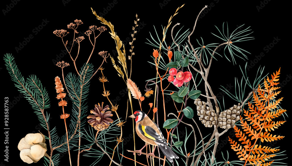 Obraz premium Wild watercolor autumn herbs and branches with goldfinch. Autumn or winter meadow on black background. Soft natural colors. Boho rustic style