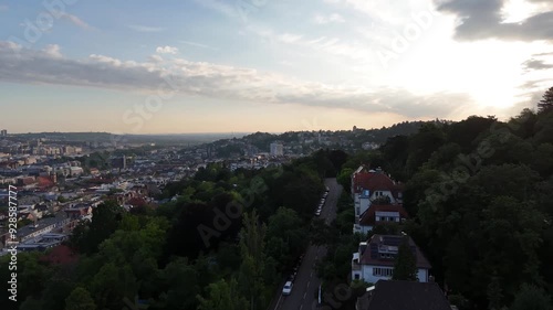 Stuttgart: Aerial view of city in Germany at sunset, center of city from above photo