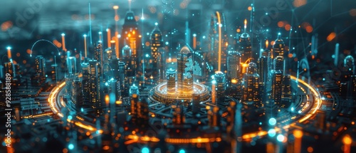 Futuristic Smart City Infrastructure Holographic Display with Data Visualization for Urban Development and Innovation