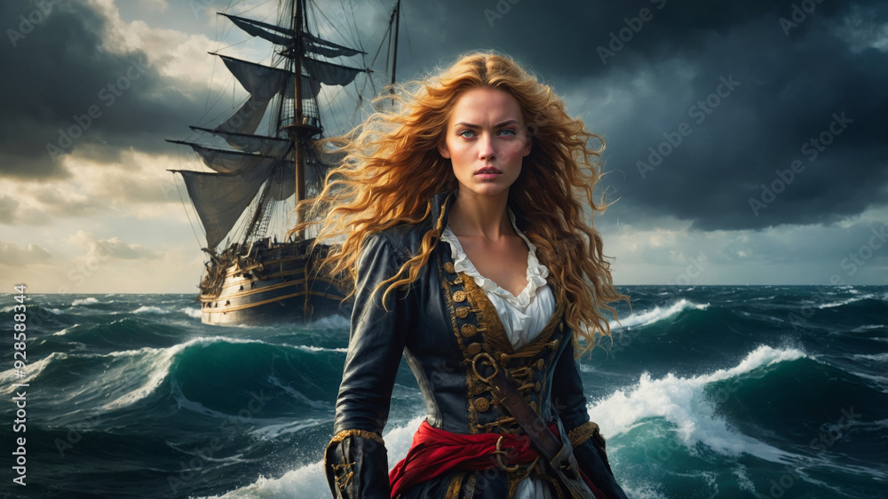 Naklejka premium An elegant pirate young woman on her ship