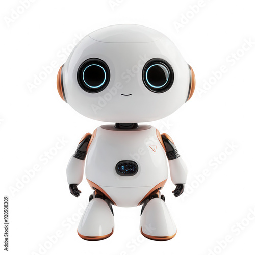 A robot with a smiling face stands on a white background